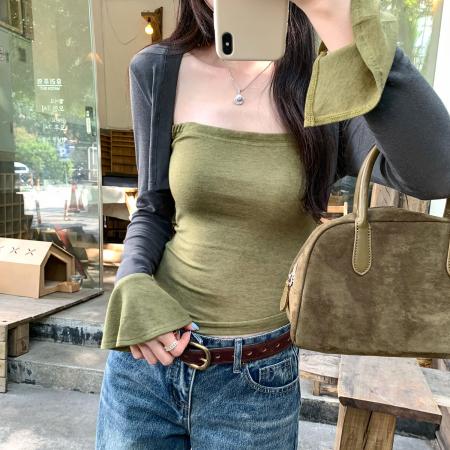 BY10309# 莱赛尔天丝喇叭袖假两件拼接打底长袖T恤女春新款上衣 服裝批發女裝批發服飾貨源