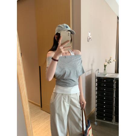 BY10310# 纯欲风挂脖假两件一字肩露肩短袖T恤女夏季新款韩系上衣 服裝批發女裝批發服飾貨源