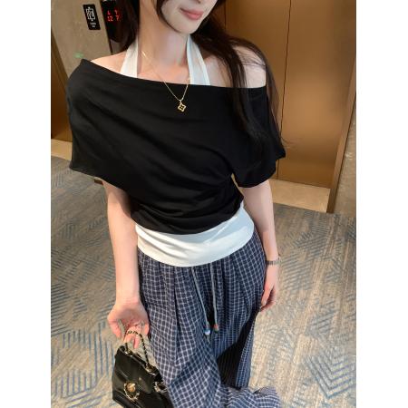 BY10310# 纯欲风挂脖假两件一字肩露肩短袖T恤女夏季新款韩系上衣 服裝批發女裝批發服飾貨源