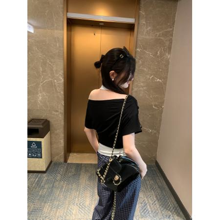 BY10310# 纯欲风挂脖假两件一字肩露肩短袖T恤女夏季新款韩系上衣 服裝批發女裝批發服飾貨源