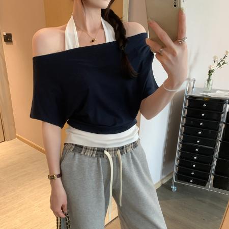BY10310# 纯欲风挂脖假两件一字肩露肩短袖T恤女夏季新款韩系上衣 服裝批發女裝批發服飾貨源