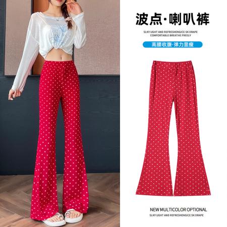 BY10311# 红色波点微喇休闲裤女夏美式辣妹高个子高腰显瘦马蹄喇叭拖地裤子 服裝批發女裝批發服飾貨源