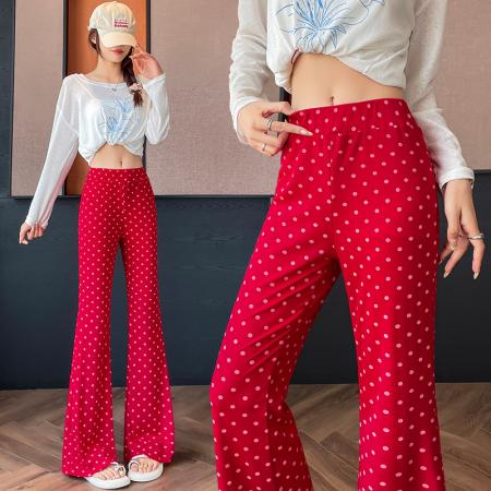 BY10311# 红色波点微喇休闲裤女夏美式辣妹高个子高腰显瘦马蹄喇叭拖地裤子 服裝批發女裝批發服飾貨源