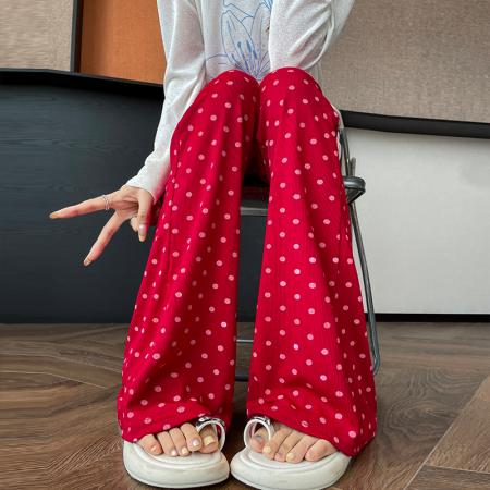 BY10311# 红色波点微喇休闲裤女夏美式辣妹高个子高腰显瘦马蹄喇叭拖地裤子 服裝批發女裝批發服飾貨源