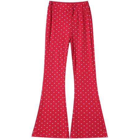 BY10311# 红色波点微喇休闲裤女夏美式辣妹高个子高腰显瘦马蹄喇叭拖地裤子 服裝批發女裝批發服飾貨源