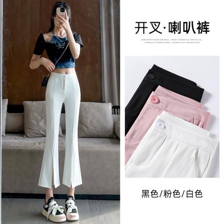 BY10314# 春夏新款韩版高腰显瘦垂感开叉微喇叭裤八分裤九分裤 服裝批發女裝批發服飾貨源