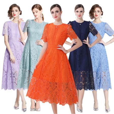 BY10315# 小众复古高级感圆领荷叶袖蕾丝连衣裙女夏季新款显瘦气质优雅长裙 服裝批發女裝批發服飾貨源