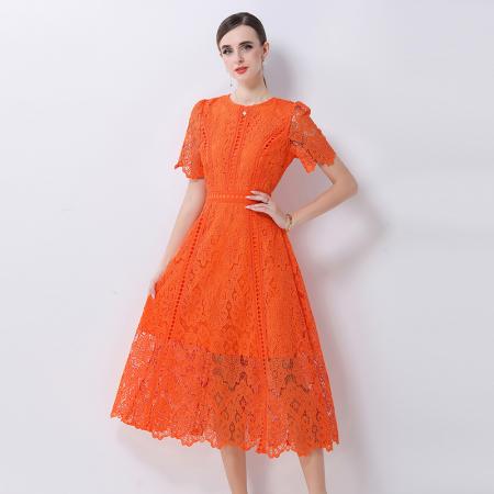 BY10315# 小众复古高级感圆领荷叶袖蕾丝连衣裙女夏季新款显瘦气质优雅长裙 服裝批發女裝批發服飾貨源