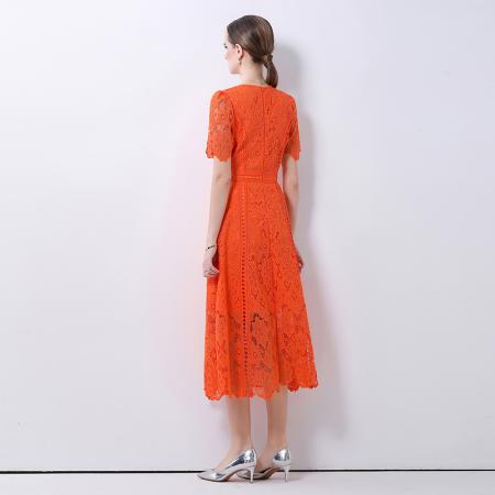 BY10315# 小众复古高级感圆领荷叶袖蕾丝连衣裙女夏季新款显瘦气质优雅长裙 服裝批發女裝批發服飾貨源