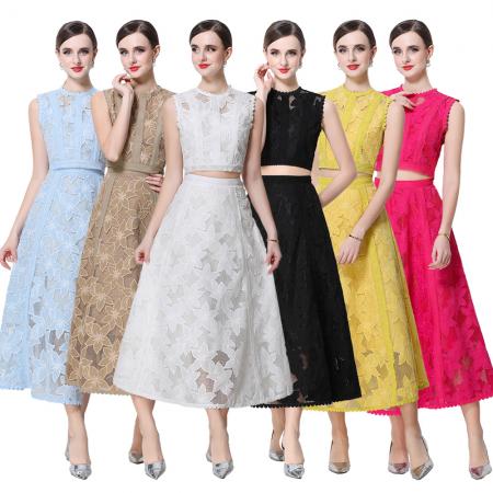 BY10316# 宫廷风圆领无袖短款上衣高腰刺绣镂空蕾丝半身裙减龄套装 服裝批發女裝批發服飾貨源