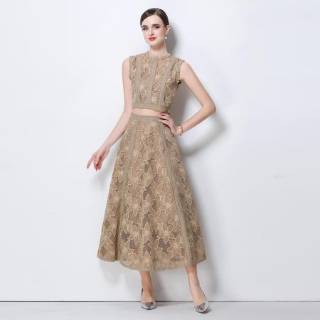 BY10316# 宫廷风圆领无袖短款上衣高腰刺绣镂空蕾丝半身裙减龄套装 服裝批發女裝批發服飾貨源