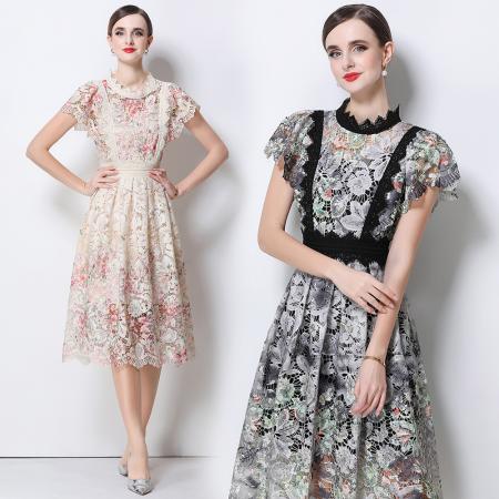 BY10317# 高端时尚短袖连衣裙女新款法式重工镂空钩花蕾丝收腰优雅长裙 服裝批發女裝批發服飾貨源