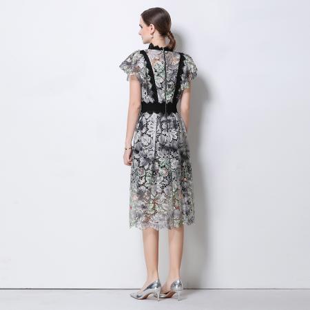 BY10317# 高端时尚短袖连衣裙女新款法式重工镂空钩花蕾丝收腰优雅长裙 服裝批發女裝批發服飾貨源