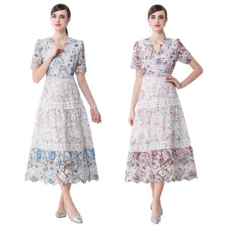 BY10318# 高端女装连衣裙新款法式复古镂空钩花收腰大摆长裙 服裝批發女裝批發服飾貨源