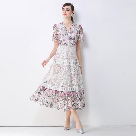 BY10318# 高端女装连衣裙新款法式复古镂空钩花收腰大摆长裙 服裝批發女裝批發服飾貨源