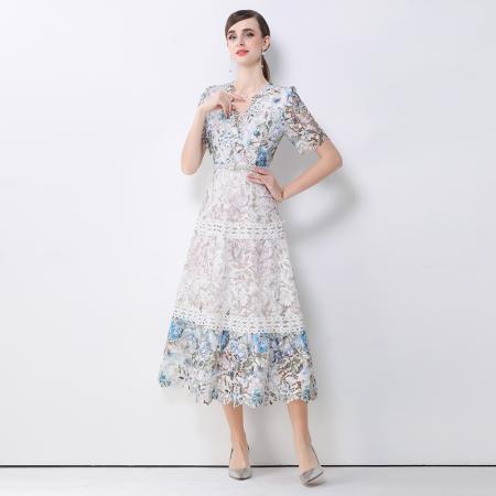 BY10318# 高端女装连衣裙新款法式复古镂空钩花收腰大摆长裙 服裝批發女裝批發服飾貨源