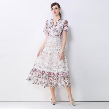 BY10318# 高端女装连衣裙新款法式复古镂空钩花收腰大摆长裙 服裝批發女裝批發服飾貨源