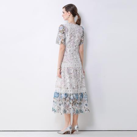 BY10318# 高端女装连衣裙新款法式复古镂空钩花收腰大摆长裙 服裝批發女裝批發服飾貨源