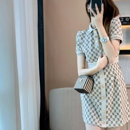 BY10320# 别致收腰针织a字连衣裙女夏季法式小香风高级感短袖polo领短裙子 服裝批發女裝批發服飾貨源