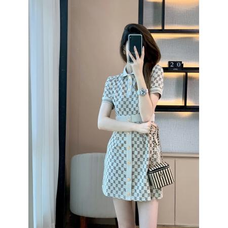 BY10320# 别致收腰针织a字连衣裙女夏季法式小香风高级感短袖polo领短裙子 服裝批發女裝批發服飾貨源