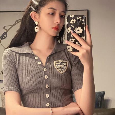 BY10322# 新款夏季复古显瘦针织连衣裙勋章polo领修身包臀裙女 服裝批發女裝批發服飾貨源