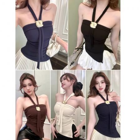 BY10323# 夏季新款纯欲风镂空挂脖背心修身显瘦女固定带胸垫百搭上衣 服裝批發女裝批發服飾貨源