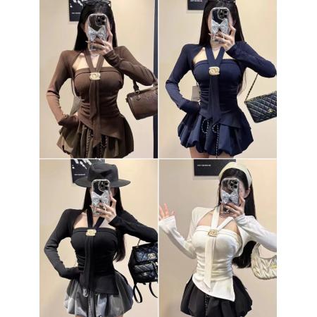 BY10323# 夏季新款纯欲风镂空挂脖背心修身显瘦女固定带胸垫百搭上衣 服裝批發女裝批發服飾貨源