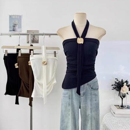 BY10323# 夏季新款纯欲风镂空挂脖背心修身显瘦女固定带胸垫百搭上衣 服裝批發女裝批發服飾貨源