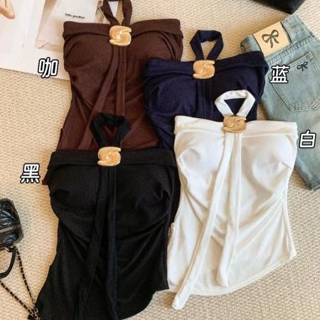 BY10323# 夏季新款纯欲风镂空挂脖背心修身显瘦女固定带胸垫百搭上衣 服裝批發女裝批發服飾貨源