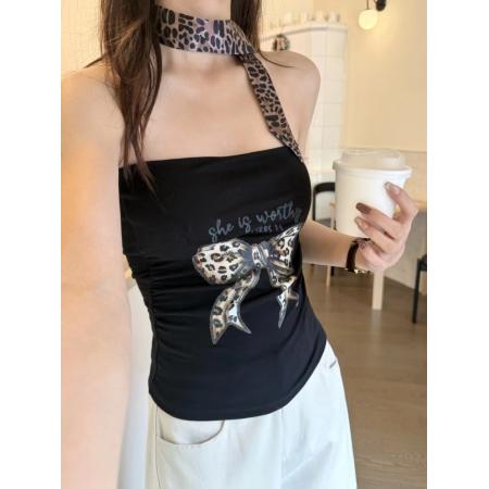 BY10324# 夏季新款纯欲风重工镶钻露背挂脖背心修身显瘦一体式带胸垫 服裝批發女裝批發服飾貨源