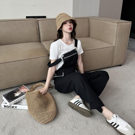 BY10325# 学院风黑色背带裤子设计感小众休闲直筒阔腿长裤女春夏新款 服裝批發女裝批發服飾貨源