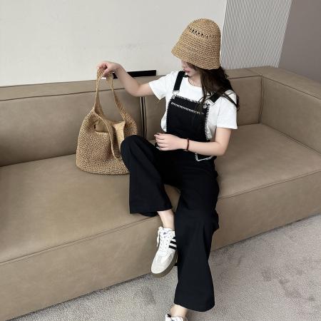 BY10325# 学院风黑色背带裤子设计感小众休闲直筒阔腿长裤女春夏新款 服裝批發女裝批發服飾貨源