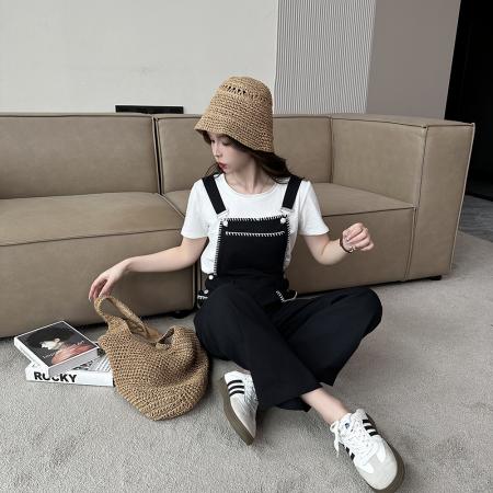 BY10325# 学院风黑色背带裤子设计感小众休闲直筒阔腿长裤女春夏新款 服裝批發女裝批發服飾貨源