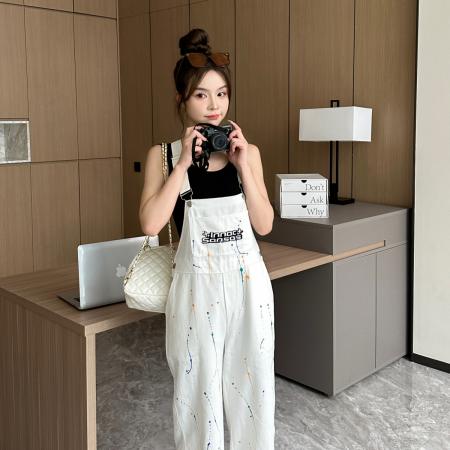 BY10327# 多巴胺美式复古喷墨工装背带裤女街头宽松百搭休闲长裤两件套装 服裝批發女裝批發服飾貨源