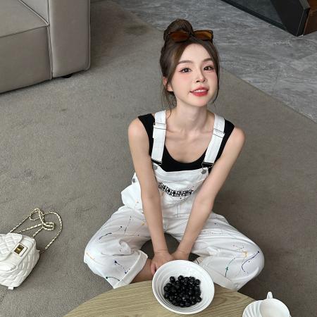 BY10327# 多巴胺美式复古喷墨工装背带裤女街头宽松百搭休闲长裤两件套装 服裝批發女裝批發服飾貨源