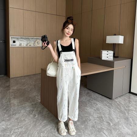 BY10327# 多巴胺美式复古喷墨工装背带裤女街头宽松百搭休闲长裤两件套装 服裝批發女裝批發服飾貨源