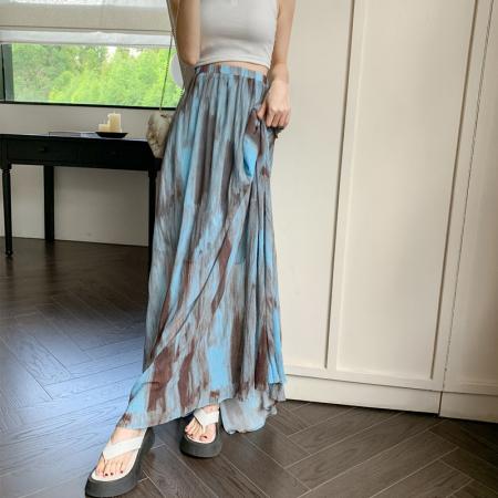 BY10328# 春夏新款设计感拼接扎染性感高腰显瘦露肩褶皱长款半身裙 服裝批發女裝批發服飾貨源