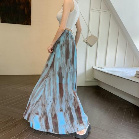 BY10328# 春夏新款设计感拼接扎染性感高腰显瘦露肩褶皱长款半身裙 服裝批發女裝批發服飾貨源