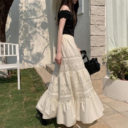 BY10329# 重工蕾丝钩花长裙半裙巨好看的早春松紧腰镂空花纹半身裙 服裝批發女裝批發服飾貨源