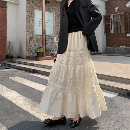 BY10329# 重工蕾丝钩花长裙半裙巨好看的早春松紧腰镂空花纹半身裙 服裝批發女裝批發服飾貨源