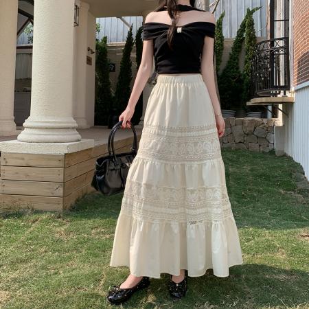 BY10329# 重工蕾丝钩花长裙半裙巨好看的早春松紧腰镂空花纹半身裙 服裝批發女裝批發服飾貨源