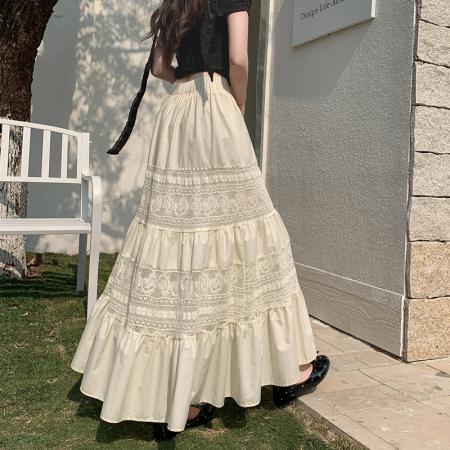 BY10329# 重工蕾丝钩花长裙半裙巨好看的早春松紧腰镂空花纹半身裙 服裝批發女裝批發服飾貨源