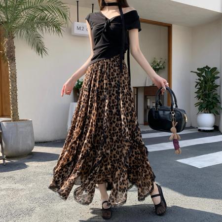 BY10331# 雪纺法式不规则荷叶边豹纹半身裙女春秋复古花边不对称大摆A字裙 服裝批發女裝批發服飾貨源