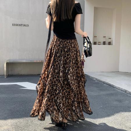 BY10331# 雪纺法式不规则荷叶边豹纹半身裙女春秋复古花边不对称大摆A字裙 服裝批發女裝批發服飾貨源