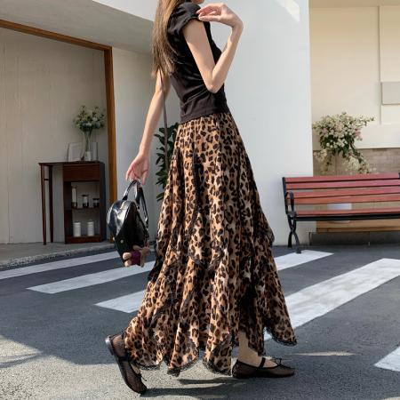 BY10331# 雪纺法式不规则荷叶边豹纹半身裙女春秋复古花边不对称大摆A字裙 服裝批發女裝批發服飾貨源