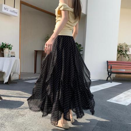 BY10332# 雪纺法式不规则荷叶边波点半身裙女春秋复古花边不对称大摆A字裙 服裝批發女裝批發服飾貨源