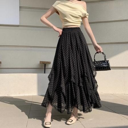 BY10332# 雪纺法式不规则荷叶边波点半身裙女春秋复古花边不对称大摆A字裙 服裝批發女裝批發服飾貨源