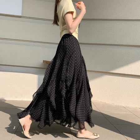 BY10332# 雪纺法式不规则荷叶边波点半身裙女春秋复古花边不对称大摆A字裙 服裝批發女裝批發服飾貨源