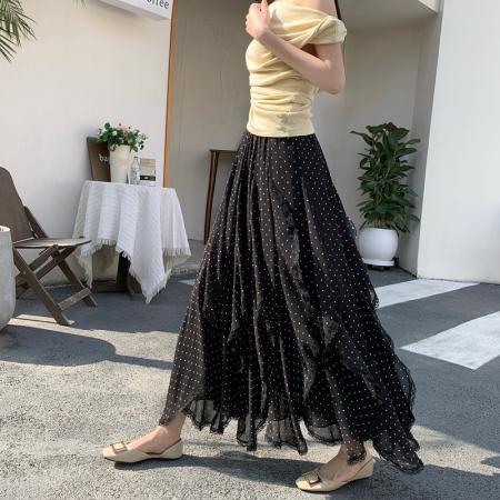 BY10332# 雪纺法式不规则荷叶边波点半身裙女春秋复古花边不对称大摆A字裙 服裝批發女裝批發服飾貨源