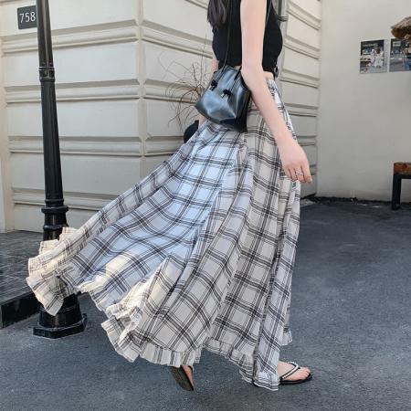 BY10333# 实片夏季新款复古红色格纹高腰不规则木耳边下摆中长雪纺长裙 服裝批發女裝批發服飾貨源